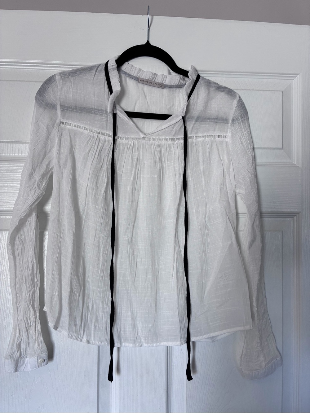 Active USA White Peasant Blouse with Black Neck Ties